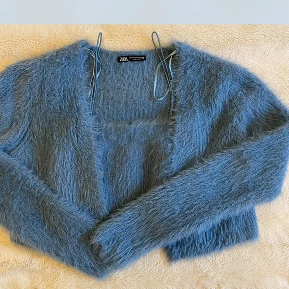 Zara Sweaters Zara Blue Cardigan Fuzzy Knit Sweater Poshmark